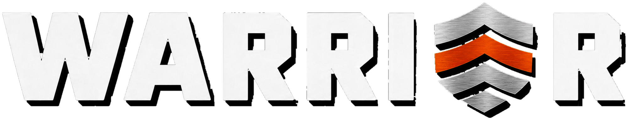 WARRIOR logo, white block letters with the chevron shield as the O